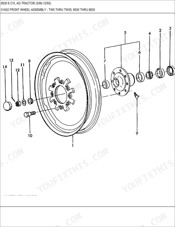 Ford New Holland 8530, 8630, 8730, 8830, TW5-TW35 exploded view diagram of front wheel assembly, hub, bearings, and wheel bolts.