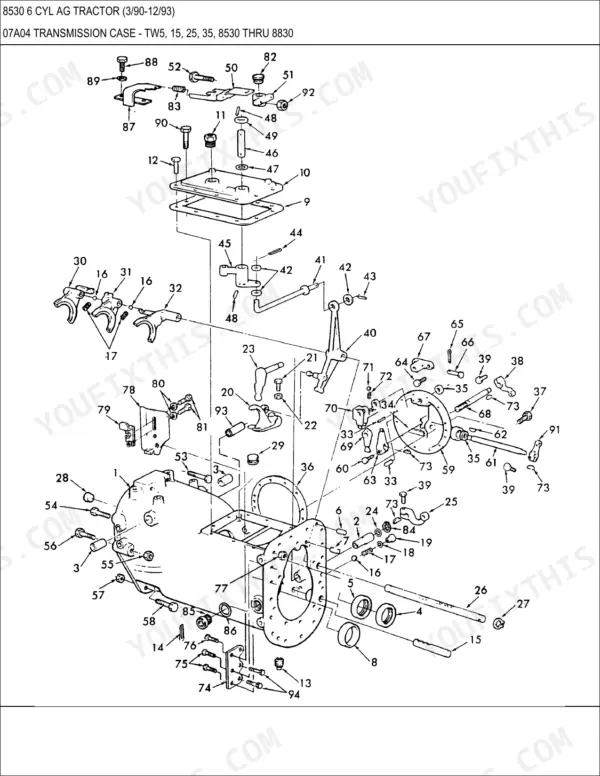 Ford New Holland 8530, 8630, 8730, 8830, 7312, 7314, 7412HD-Series, TW5, TW15, TW25, TW35, 7810, 7910, 8210, 5640, 6640, 7740, 7840, 8240, 8340, TS90, TS100, TS110 exploded view of transmission case and internal shift linkage components.
