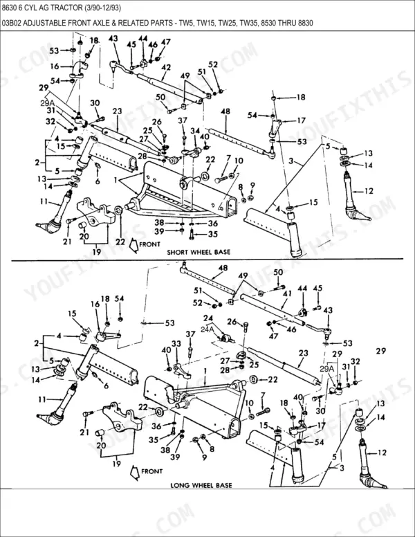 Ford 8630, 8630 6 CYL AG exploded view of adjustable front axle, steering tie rods, and related components.