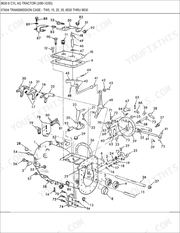 Ford 8630, 8630 6 CYL AG exploded view of transmission case components, shift forks, and linkage assembly parts.