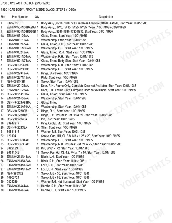 Ford 8730 parts list for cab body, front and side glass, and steps, including part numbers for hinges, doors, and hardware.