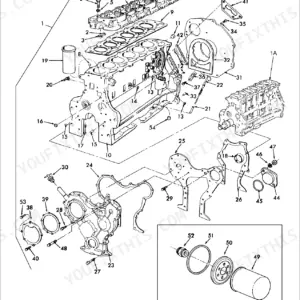 Ford 8830 exploded view diagram of engine cylinder block, head, and related components with numbered parts list.