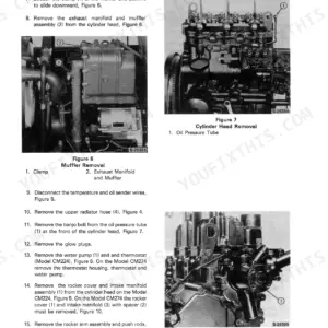 Ford CM224, CM274, FM 60 engine service manual: muffler, cylinder head, and water pump removal procedures and diagrams.