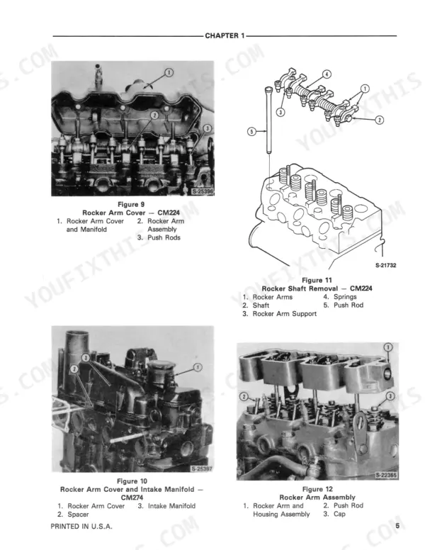 Ford CM224, CM274, FM 60 service manual showing rocker arm cover, rocker shaft removal, and rocker arm assembly diagrams.