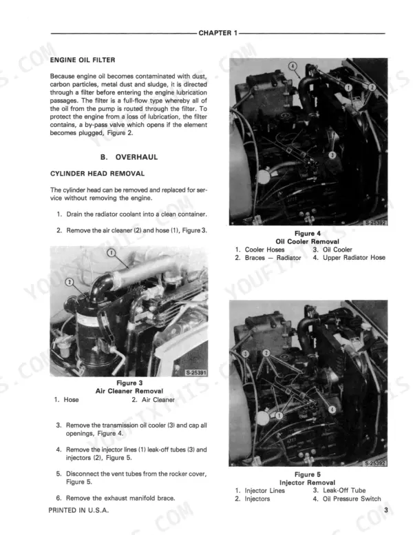 Ford CM224, CM274, FM 60 service manual: cylinder head removal, air cleaner, oil cooler, and injector removal procedures.
