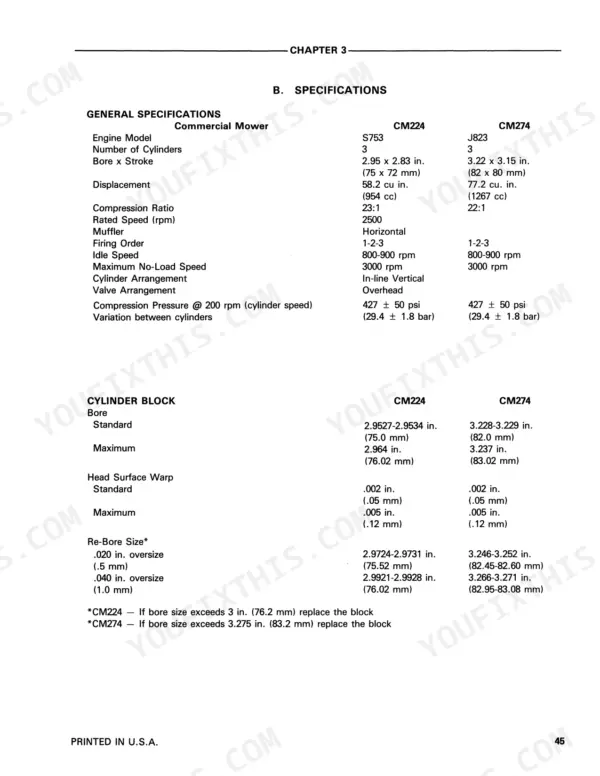 Ford CM224, CM274, FM 60 engine and cylinder block general specifications table for S753 and J823 models.
