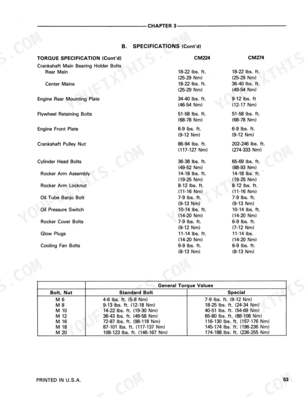 Ford CM224, CM274, FM 60 engine torque specifications table for bolts, nuts, and general standard or special fasteners.