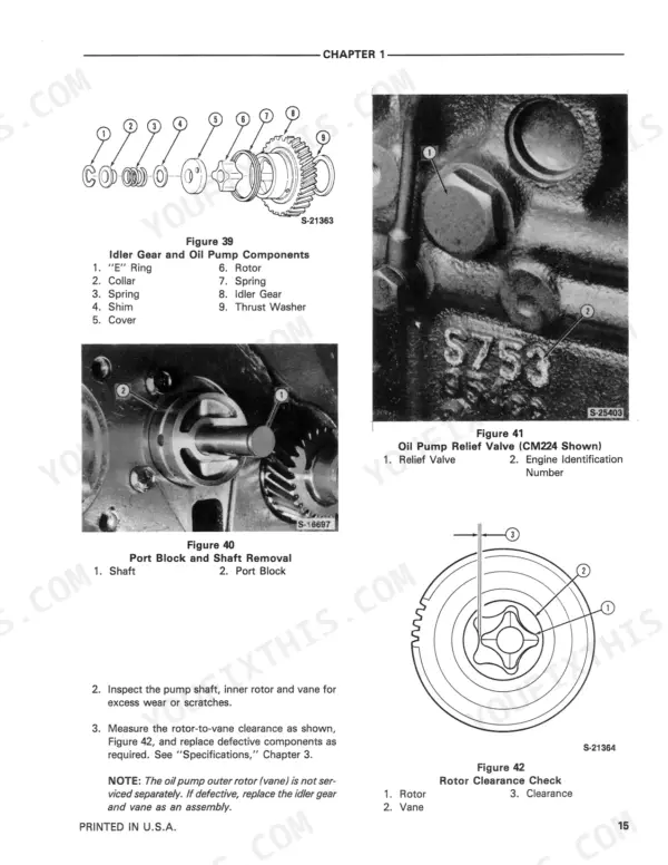 Ford CM224, CM274, FM 60 service manual: oil pump components, relief valve, port block removal, and rotor clearance check.