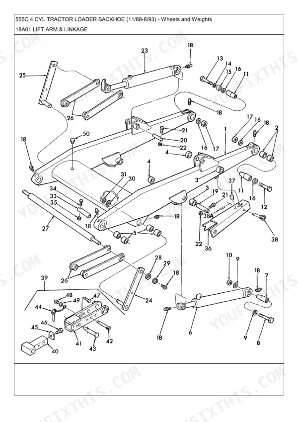 New Holland 555C, 555C 4 CYL TRACTOR LOADER BACKHOE exploded view of lift arm and linkage components with numbered parts.