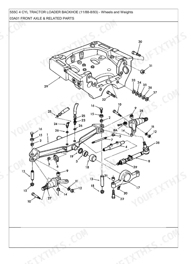 New Holland 555C, 555C 4 CYL TRACTOR LOADER BACKHOE exploded view diagram of front axle and related steering components.
