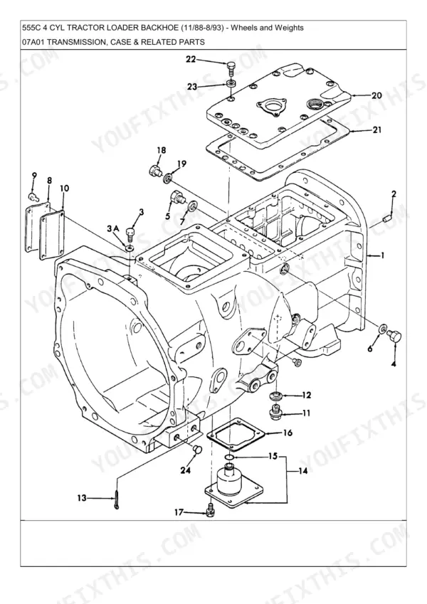 New Holland 555C, 555C 4 CYL TRACTOR LOADER BACKHOE exploded view of transmission case and related parts assembly.