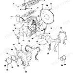 New Holland 555C, 555C 4 CYL TRACTOR LOADER BACKHOE exploded view of engine block, cylinder head, and timing cover parts.