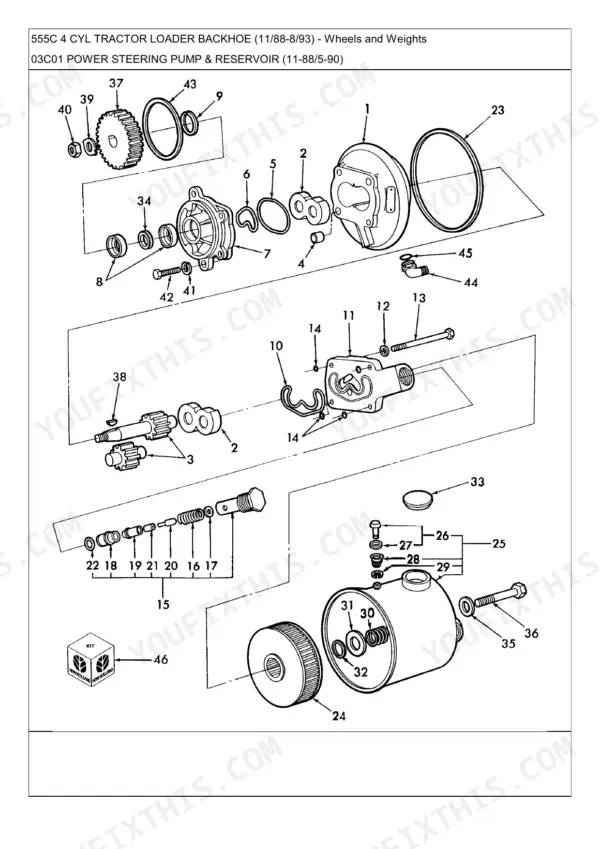 New Holland 555C, 555C 4 CYL TRACTOR LOADER BACKHOE exploded view of power steering pump and reservoir components.