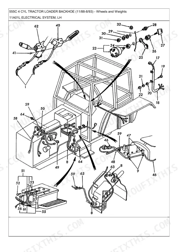New Holland 555C, 555C 4 CYL TRACTOR LOADER BACKHOE electrical system wiring diagram showing cab and battery components.
