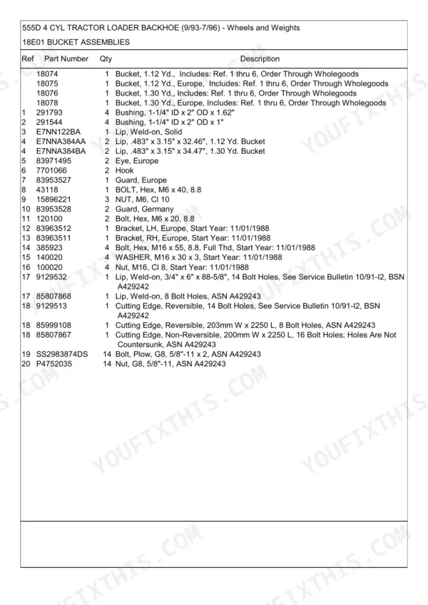 New Holland 555D 4 CYL parts list for bucket assemblies, including lips, bushings, and hardware.