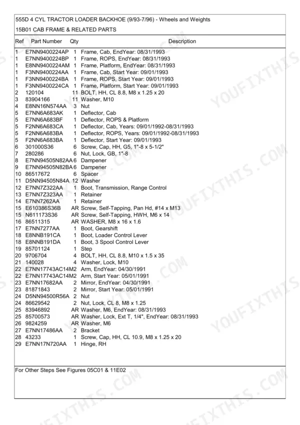 New Holland 555D 4 CYL parts list for cab frame, deflectors, boots, and mounting hardware.