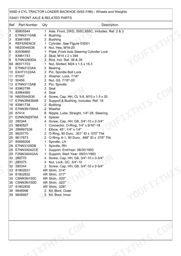 New Holland 555D 4 CYL parts list for front axle and related components.