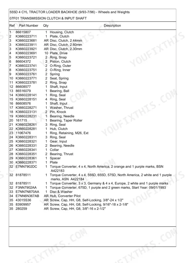 New Holland 555D 4 CYL parts list for transmission clutch and input shaft components.