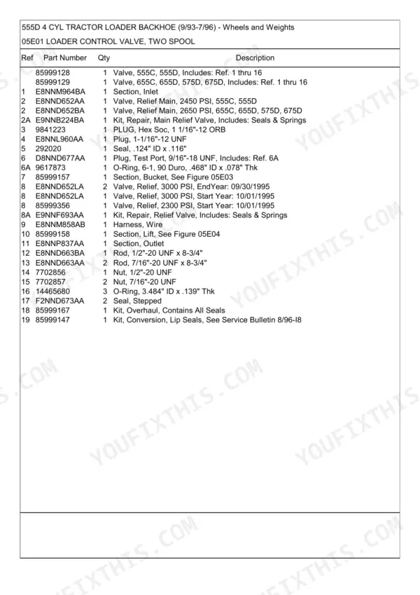 New Holland 555D 4 CYL parts list for 05E01 loader control valve, two spool assembly.