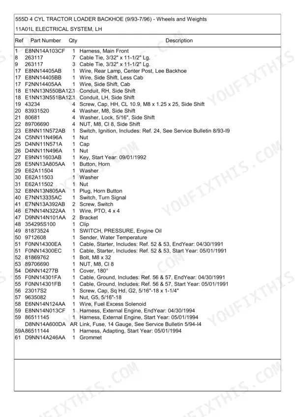 New Holland 555D 4 CYL parts list for 11A01L electrical system and LH components.