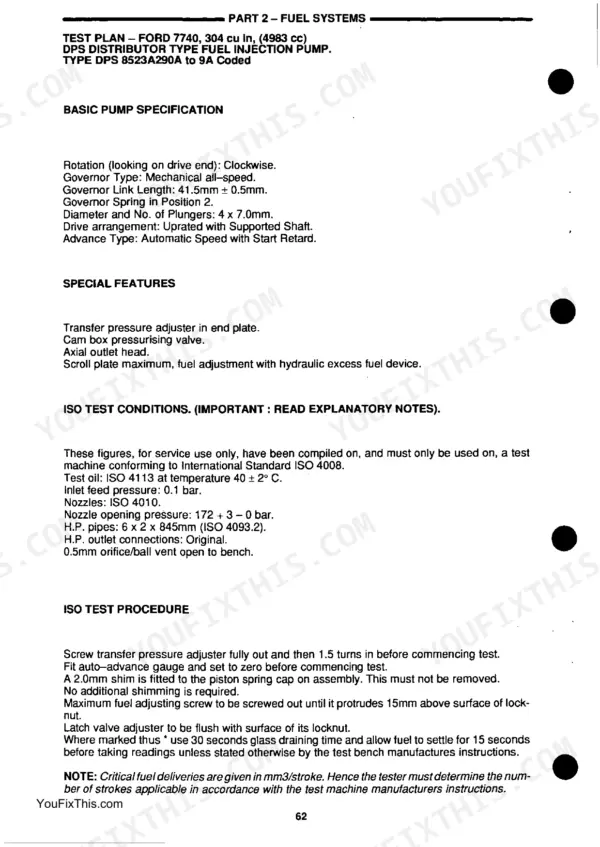Ford 5640 service - Fuel Systems, PART2-FUELSYSTEMS-------------------TEST PLAN - FORD 7740, 304 cu In, (4983 ee)
