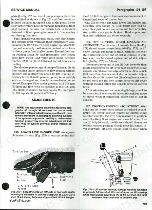 Ford TW-5, TW-15, TW-25, TW-35 service manual: hydraulic pump test, lift control linkage, and position control adjustment.
