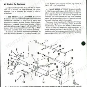 Ford TW-5, TW-15, TW-25, TW-35 exploded view of two-wheel drive front axle assembly and spindle removal procedures.