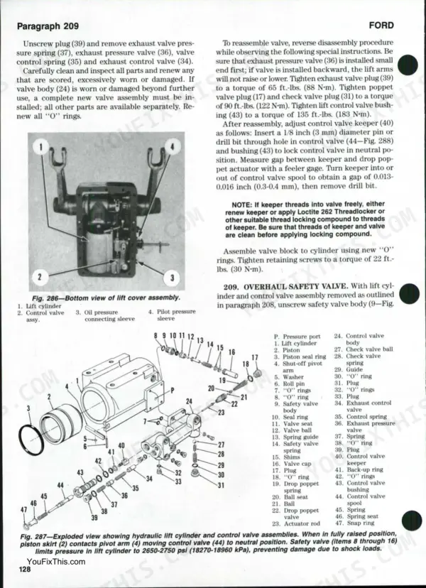 Ford TW-5, TW-15, TW-25, TW-35 lift cover and hydraulic control valve overhaul procedures and exploded view diagram.