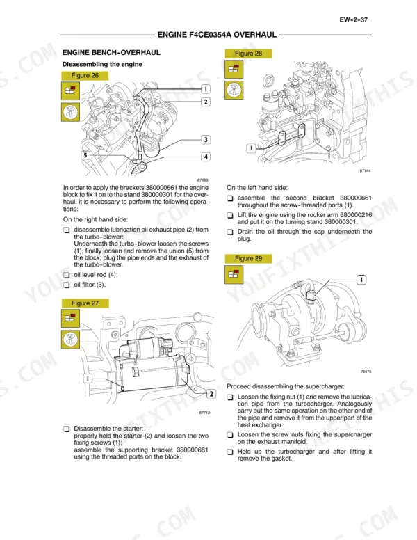 New Holland F4CE0354A, 334T/M2 engine bench overhaul procedures for starter, turbocharger, and mounting brackets.