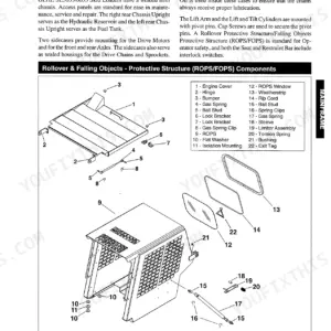 Gehl SL5635/6635 exploded view diagram of ROPS/FOPS components, engine cover, and window assembly.