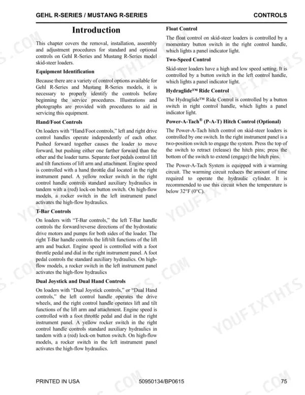 Gehl R190, R220, R260, 1900R, 2200R, 2600R controls manual page describing hand, foot, T-bar, and joystick operation.