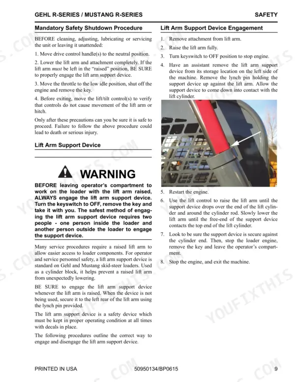 Gehl R190, R220, R260, 1900R, 2200R, 2600R safety procedures for lift arm support device engagement and shutdown.