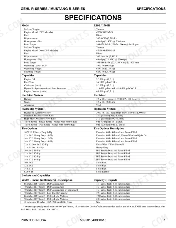 Gehl R190, R220, R260, 1900R, 2200R, 2600R specifications table for engine, capacities, electrical, and tires.