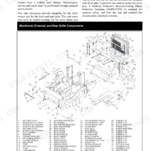 Gehl V400 / Mustang 4000V exploded view of mainframe, chassis, and rear grille components with parts list.