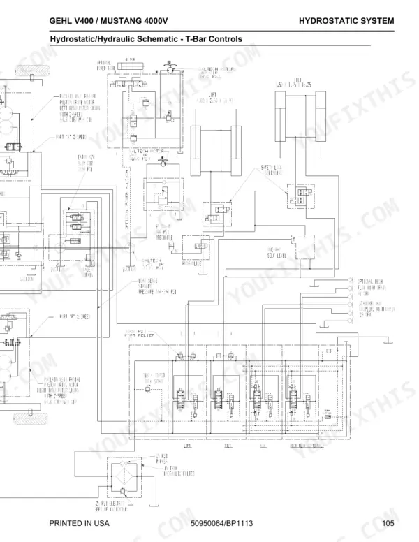 Gehl V400 / Mustang 4000V hydrostatic and hydraulic schematic diagram for T-Bar controls showing motors and valves.