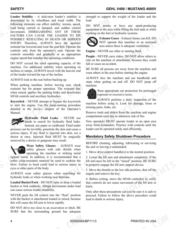 Gehl V400 / Mustang 4000V safety manual page covering loader stability, hydraulic leaks, and shutdown procedures.