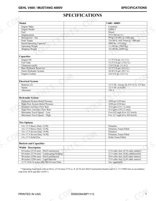Gehl V400 / Mustang 4000V technical specifications table including engine, hydraulic, electrical, and bucket data.