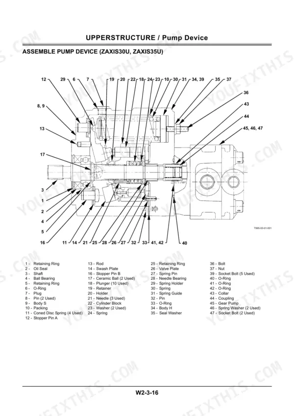 Hitachi Zaxis 27U/30U/35U pump device assembly diagram with numbered parts