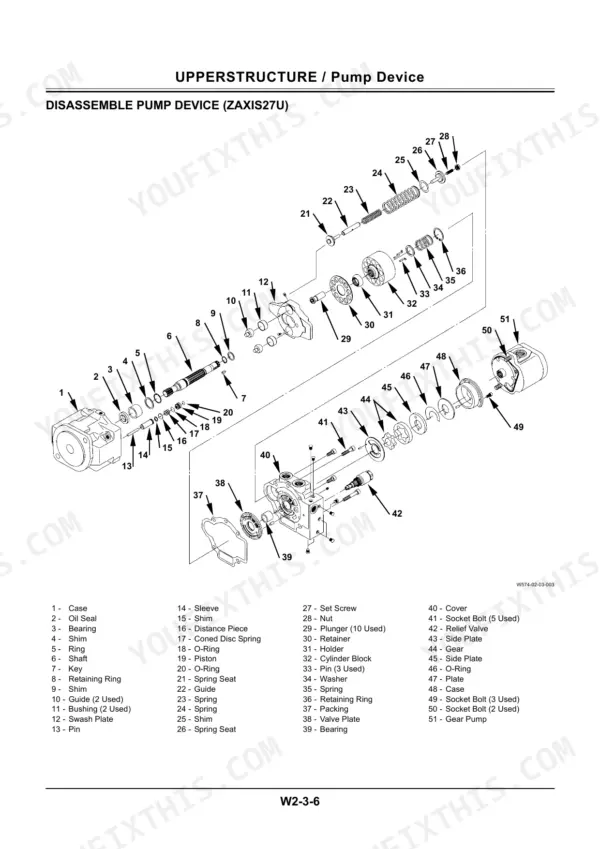 Hitachi Zaxis 27U/30U/35U exploded view of the pump device disassembly components