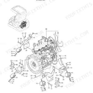 Hitachi EX12-2 engine exploded view showing engine mounts, brackets, and hardware assembly components.