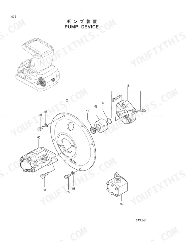 Hitachi EX12-2 pump device exploded view showing hydraulic pump, coupling, and mounting plate components.