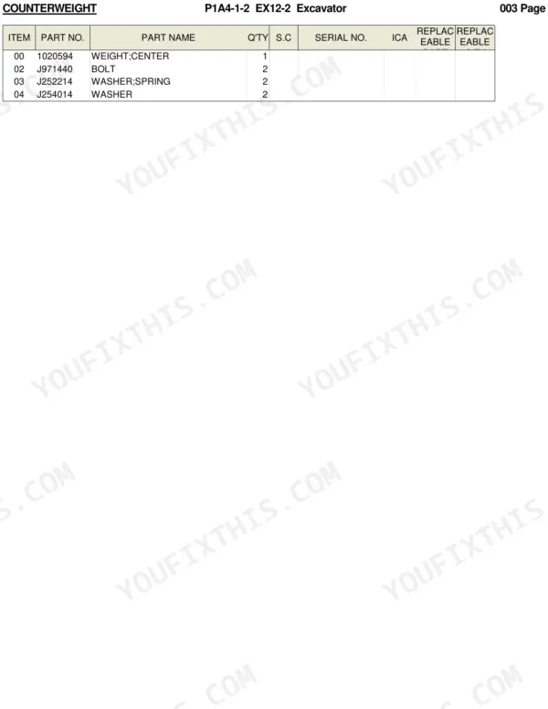 Hitachi EX12-2 parts list table for counterweight components including center weight, bolts, spring washers, and washers.