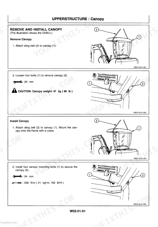 Hitachi EX12-2 to EX45-2 canopy removal and installation procedure with torque specs and lifting diagrams.