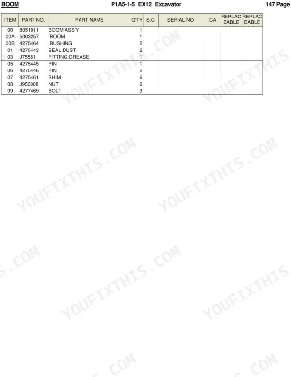 Hitachi EX12 parts list table for boom assembly, including part numbers for bushings, pins, shims, nuts, and bolts.