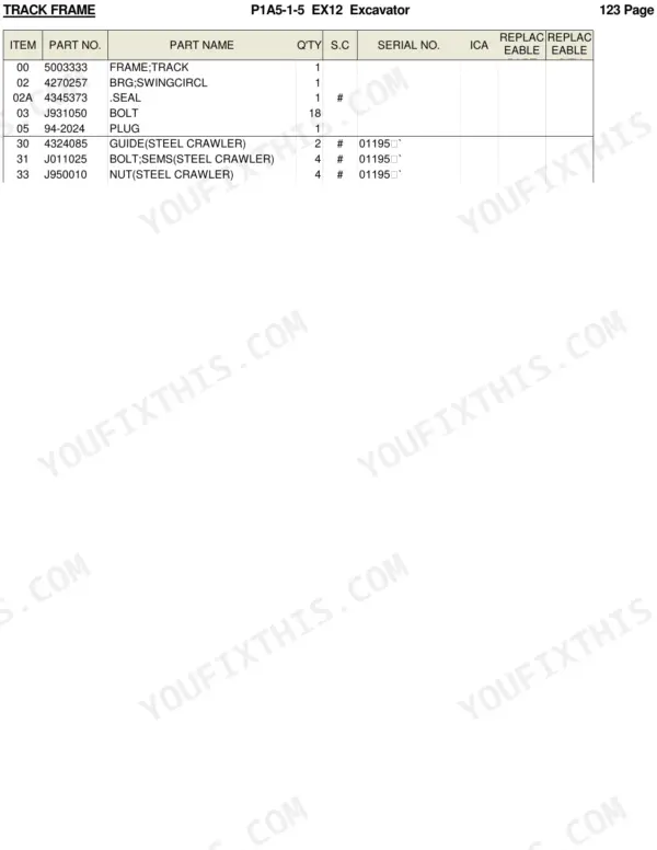 Hitachi EX12 parts list table for track frame components including swing circle bearing, seals, and crawler guides.