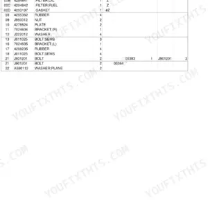 Hitachi EX12 engine parts list table showing part numbers and quantities for fan belts, filters, and mounting hardware.