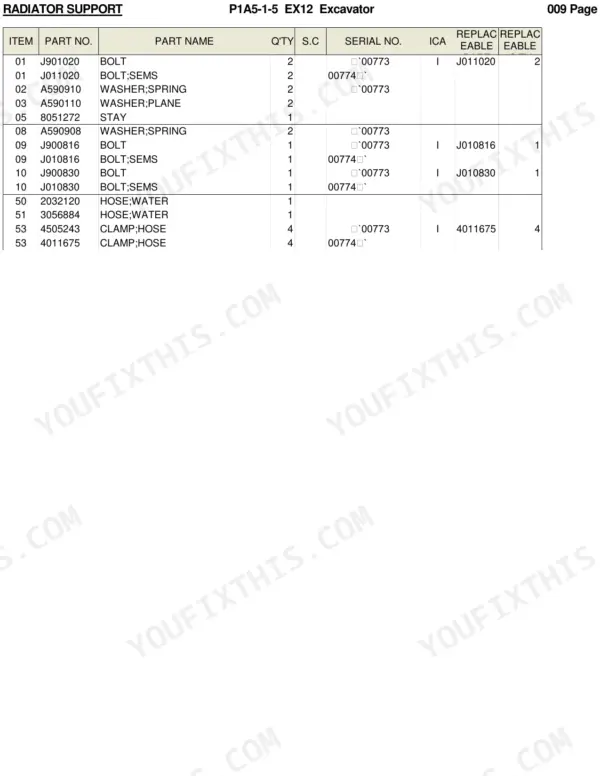 Hitachi EX12 parts list table for radiator support, detailing bolts, washers, stays, water hoses, and hose clamps.
