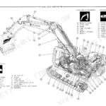 Hitachi EX120 construction diagram showing numbered components for superstructure, front-end attachments, and undercarriage.