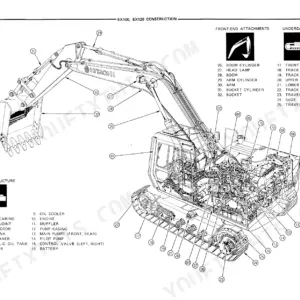 Hitachi EX120 construction diagram showing numbered components for superstructure, front-end attachments, and undercarriage.
