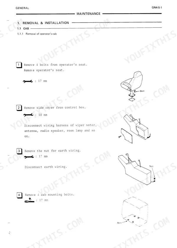 Hitachi EX120 service manual page showing operator cab removal steps, seat, control box, and mounting bolt diagrams.